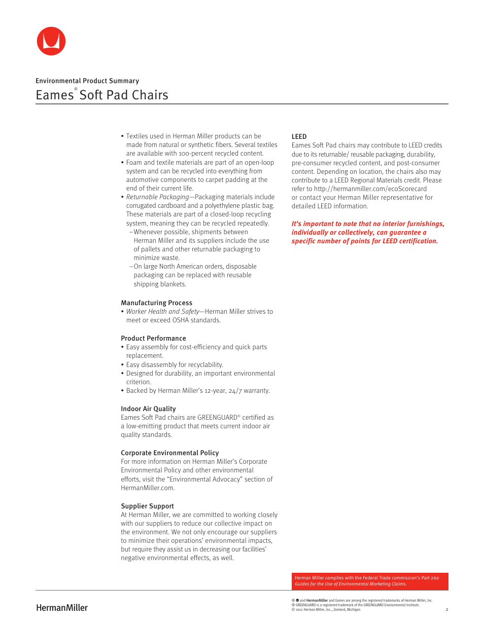 Eames, Soft pad chairs | Herman Miller Eames Soft Pad Chair - Environmental Product Summary User Manual | Page 2 / 2