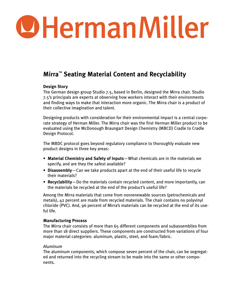 Herman Miller Mirra Chairs - Seating Material Content and Recyclability User Manual | 2 pages