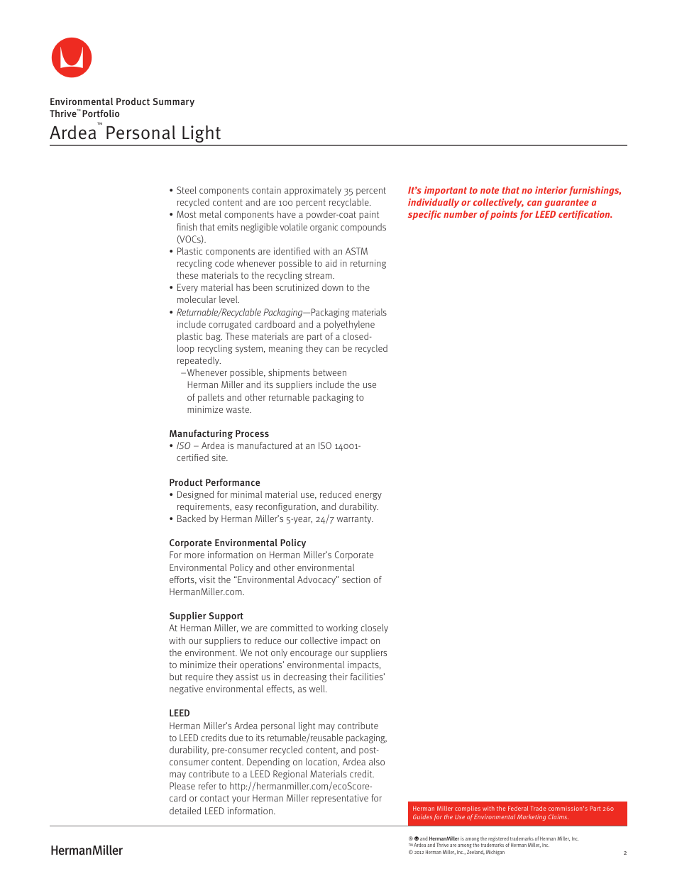 Ardea, Personal light | Herman Miller Ardea Personal Light - Environmental Product Summary User Manual | Page 2 / 2