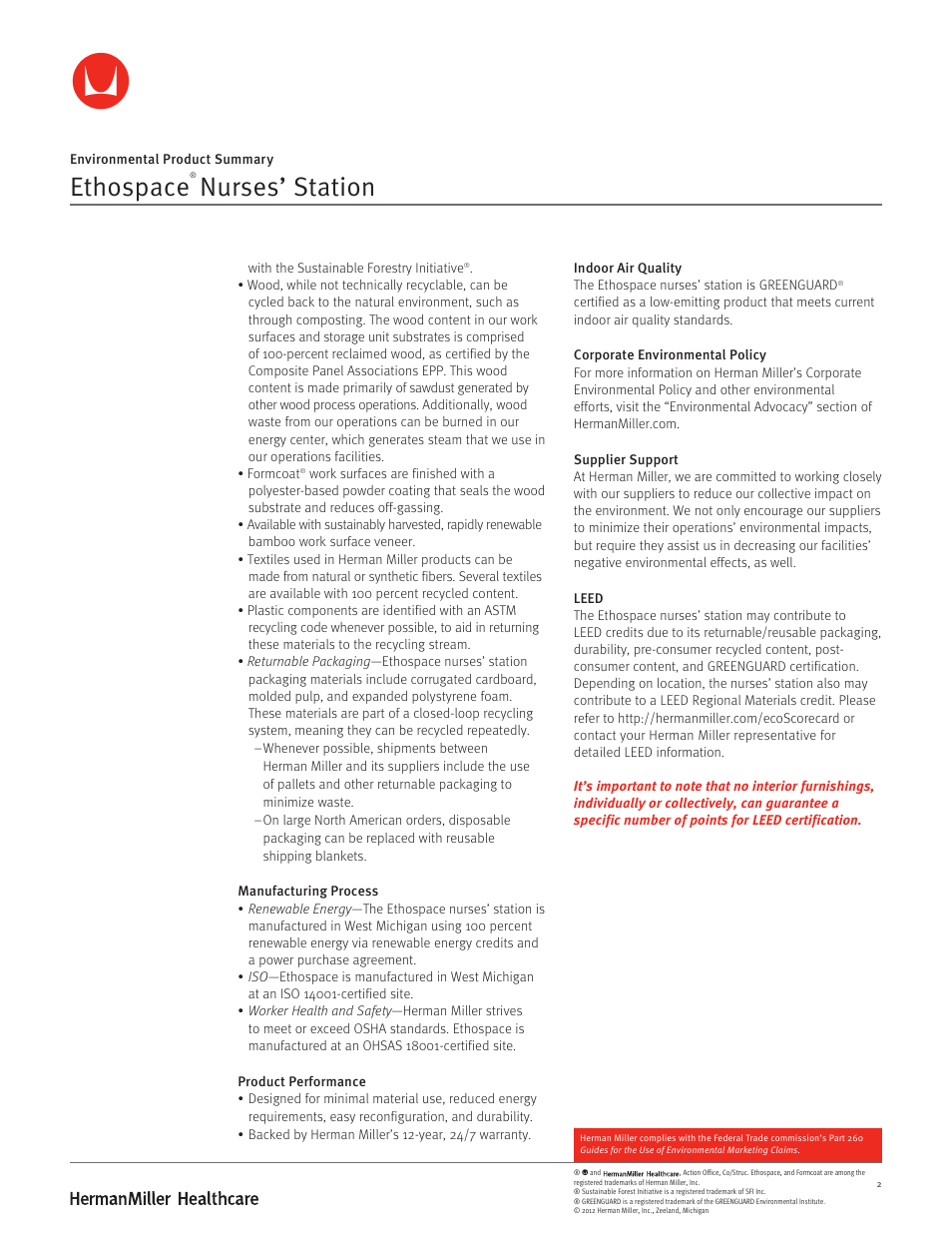 Ethospace, Nurses’ station | Herman Miller Ethospace Nurses' Station - Environmental Product Summary User Manual | Page 2 / 2