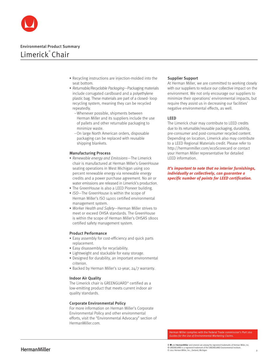 Limerick, Chair | Herman Miller Limerick Chairs - Environmental Product Summary User Manual | Page 2 / 2