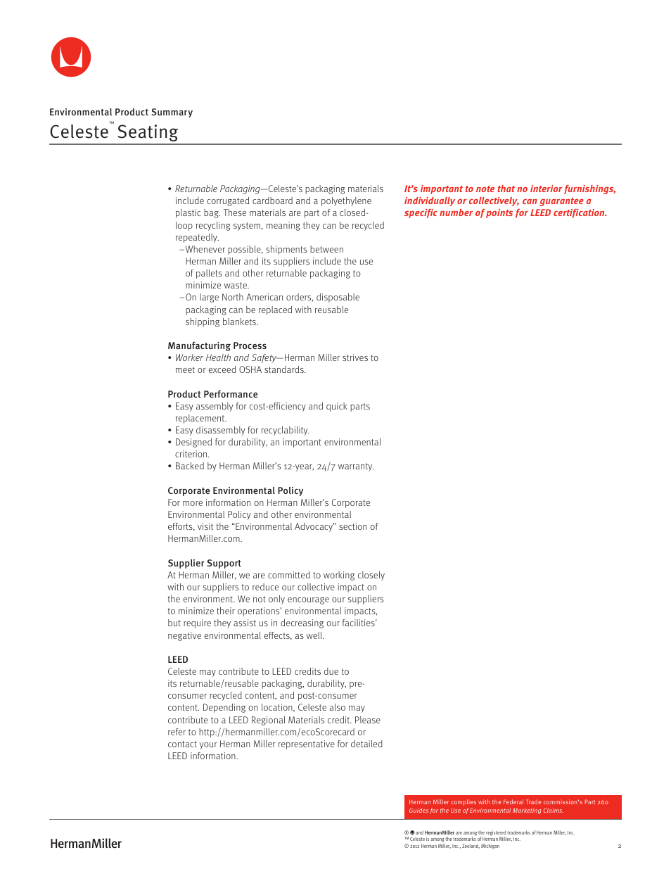 Celeste, Seating | Herman Miller Celeste Seating - Environmental Product Summary User Manual | Page 2 / 2