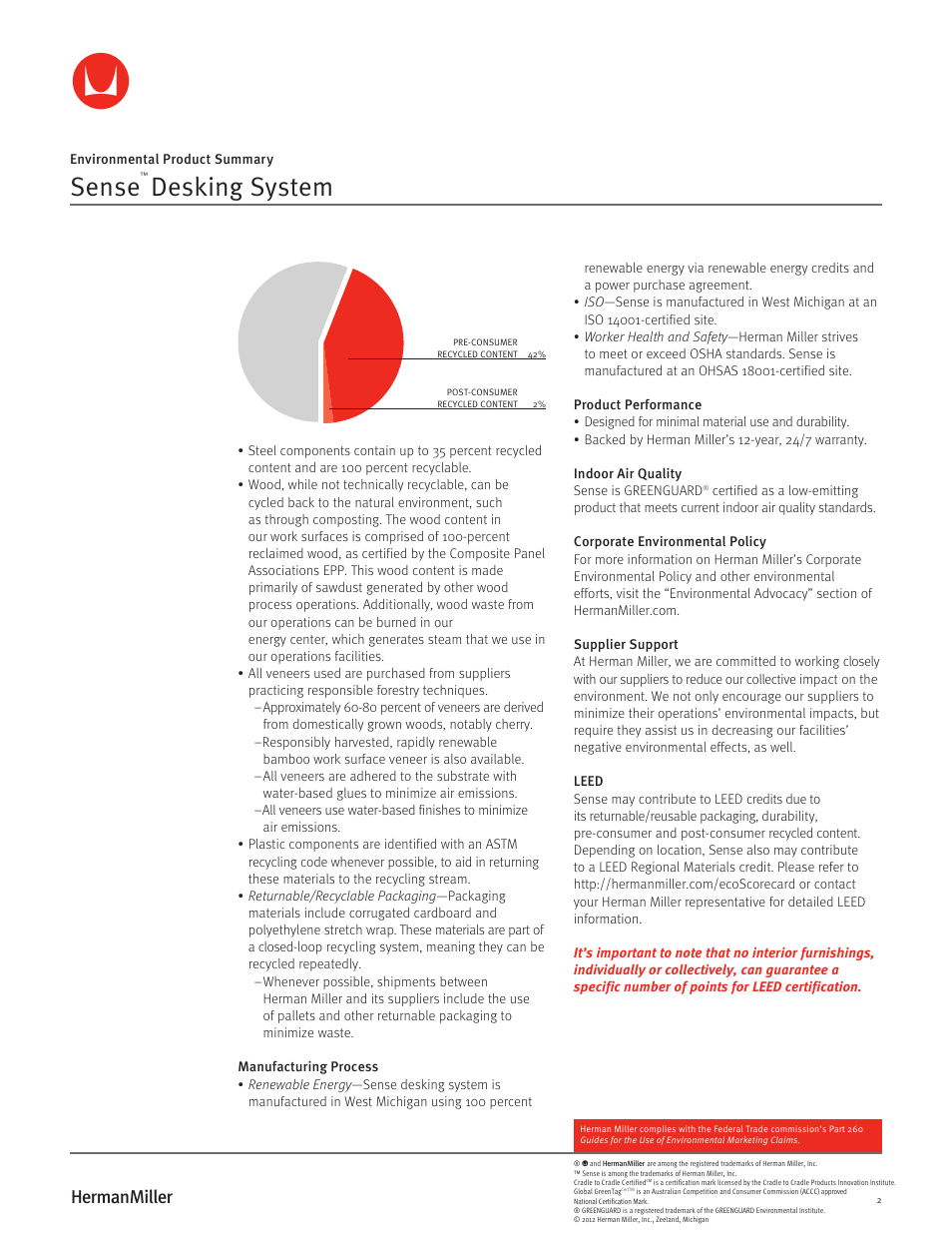 Sense, Desking system | Herman Miller Sense Desking System - Environmental Product Summary User Manual | Page 2 / 2