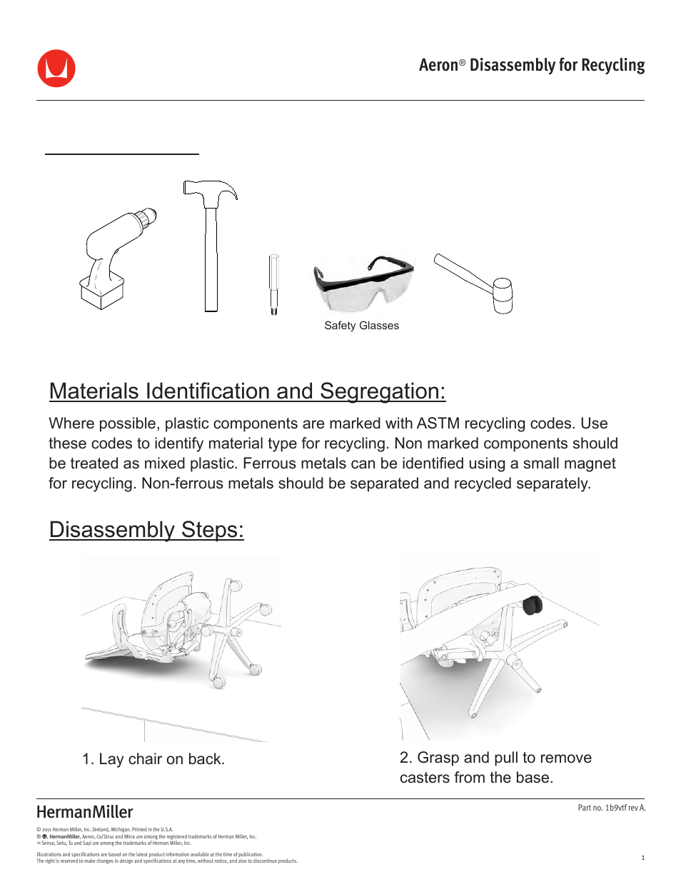 Herman Miller Aeron Chairs - Disassembly For Recycling User Manual | 11 pages