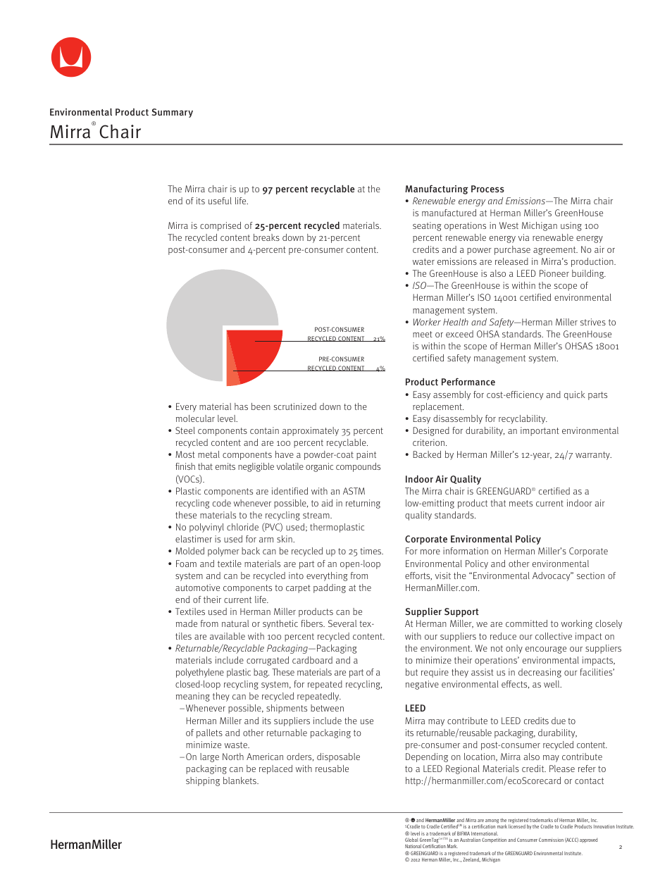 Mirra, Chair | Herman Miller Mirra Chairs - Environmental Product Summary User Manual | Page 2 / 3