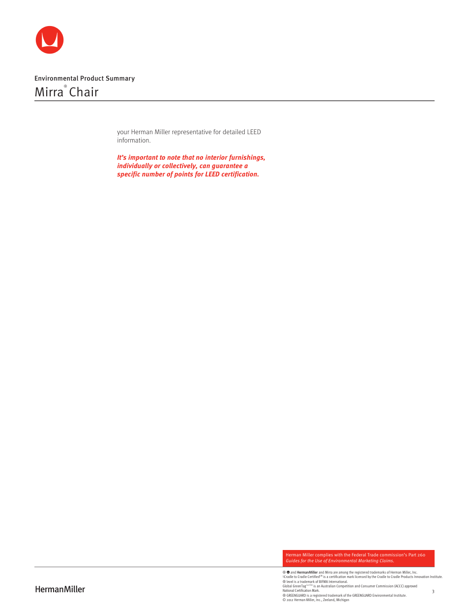 Mirra, Chair | Herman Miller Mirra Chairs - Environmental Product Summary User Manual | Page 3 / 3