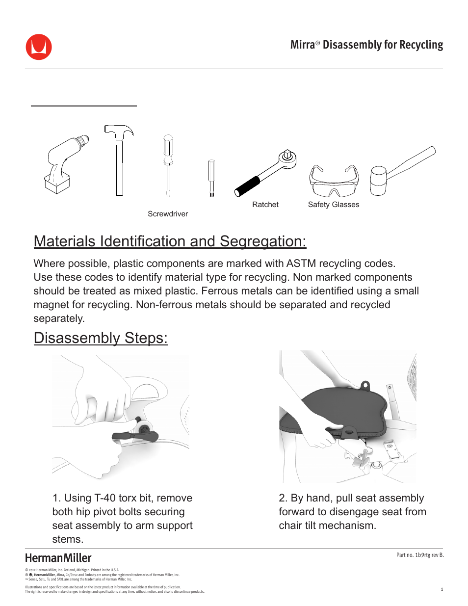 Herman Miller Mirra Chairs - Disassembly For Recycling User Manual | 12 pages