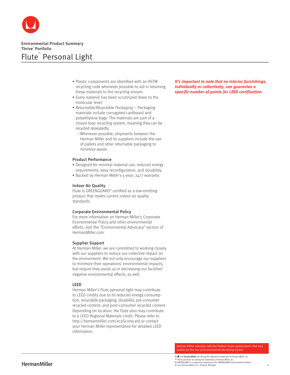 Flute, Personal light | Herman Miller Flute Personal Light - Environmental Product Summary User Manual | Page 2 / 2