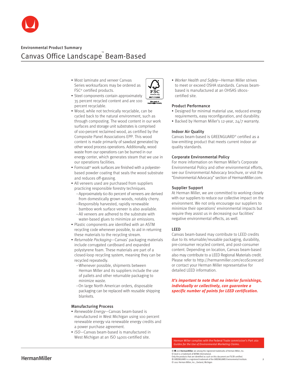 Canvas office landscape, Beam-based | Herman Miller Canvas Office Landscape Beam-Based - Environmental Product Summary User Manual | Page 2 / 2