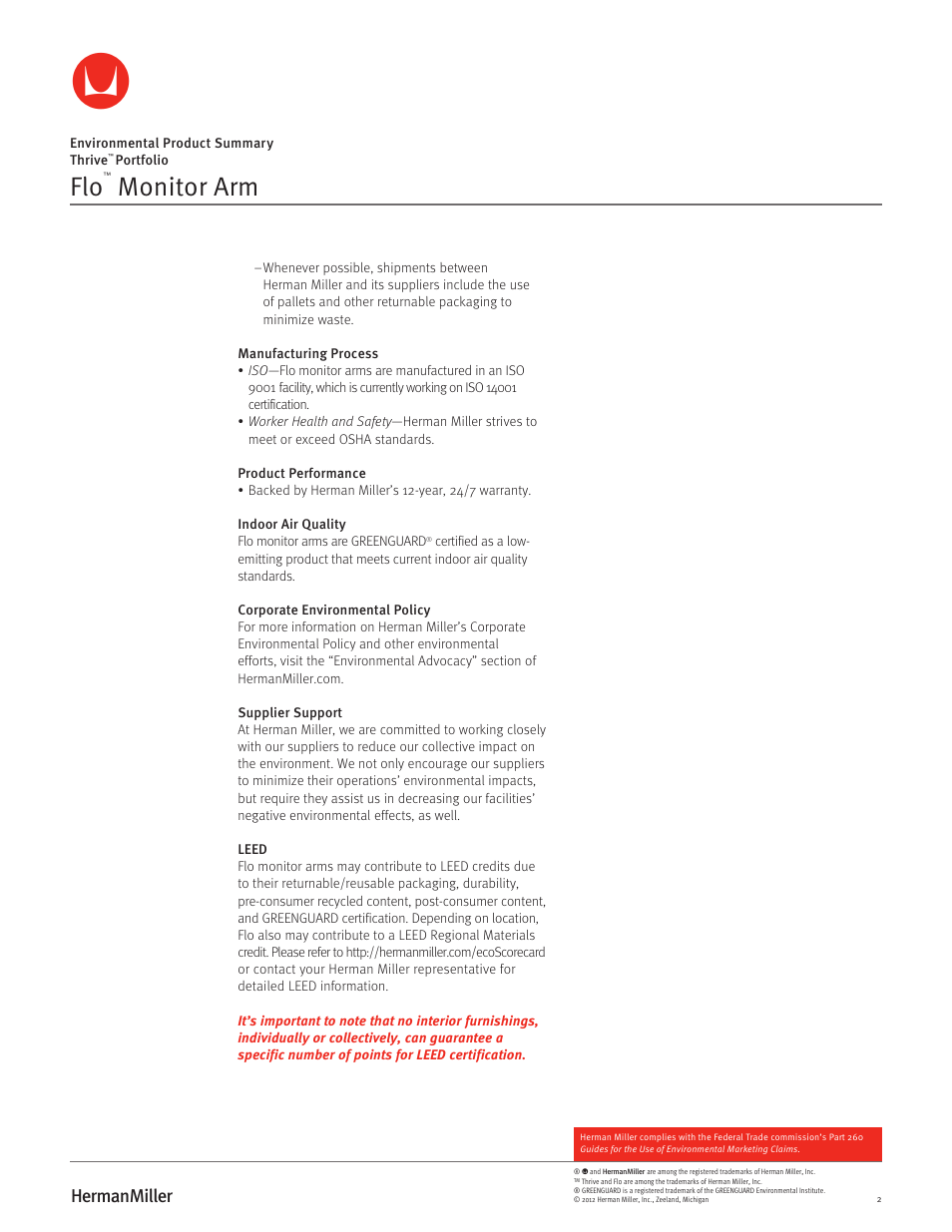 Monitor arm | Herman Miller Flo Monitor Supports - Environmental Product Summary User Manual | Page 2 / 2