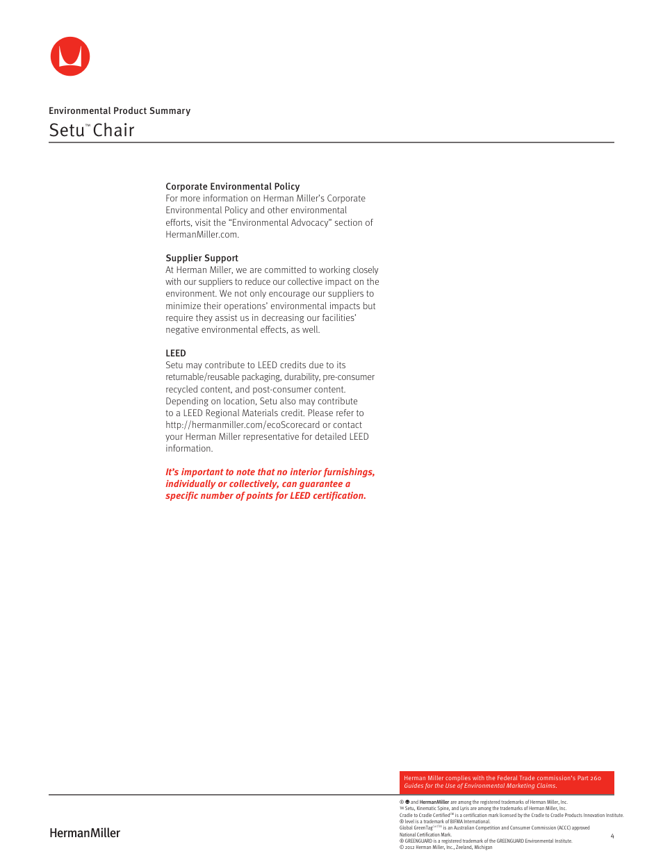 Setu, Chair | Herman Miller Setu Lounge Chair and Ottoman - Environmental Product Summary User Manual | Page 4 / 4
