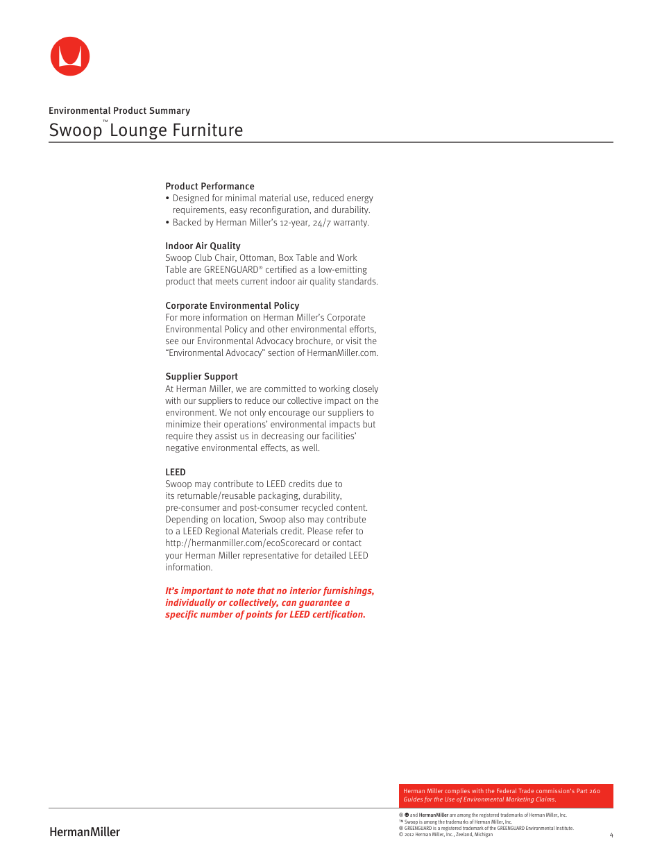 Swoop, Lounge furniture | Herman Miller Swoop Lounge Furniture - Environmental Product Summary User Manual | Page 4 / 4