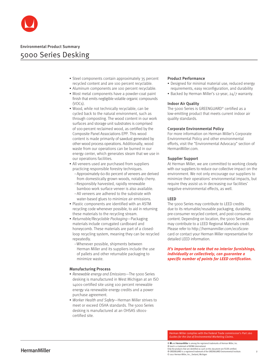 5000 series desking | Herman Miller 5000 Series Furniture - Environmental Product Summary User Manual | Page 2 / 2