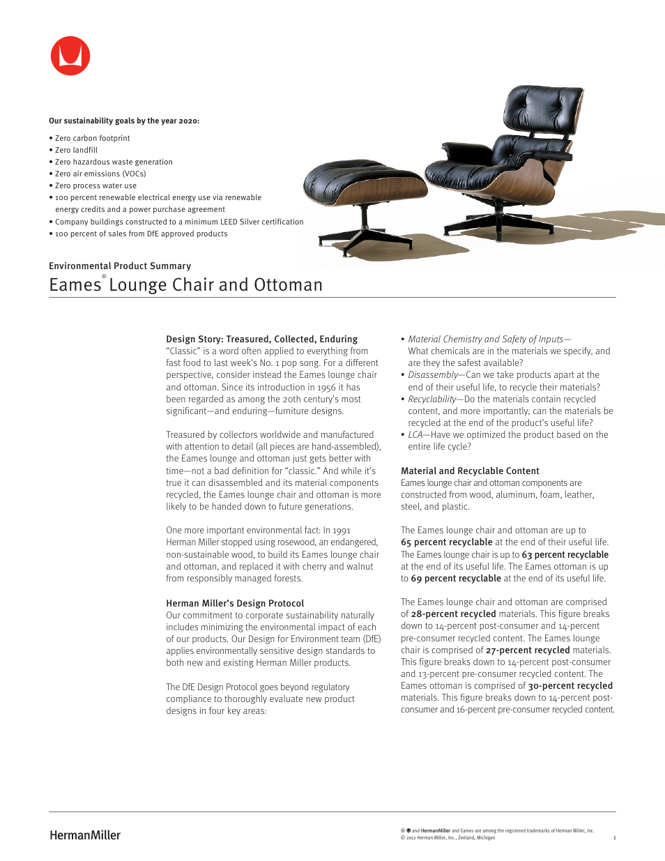 Herman Miller Eames Lounge Chair and Ottoman - Environmental Product Summary User Manual | 3 pages