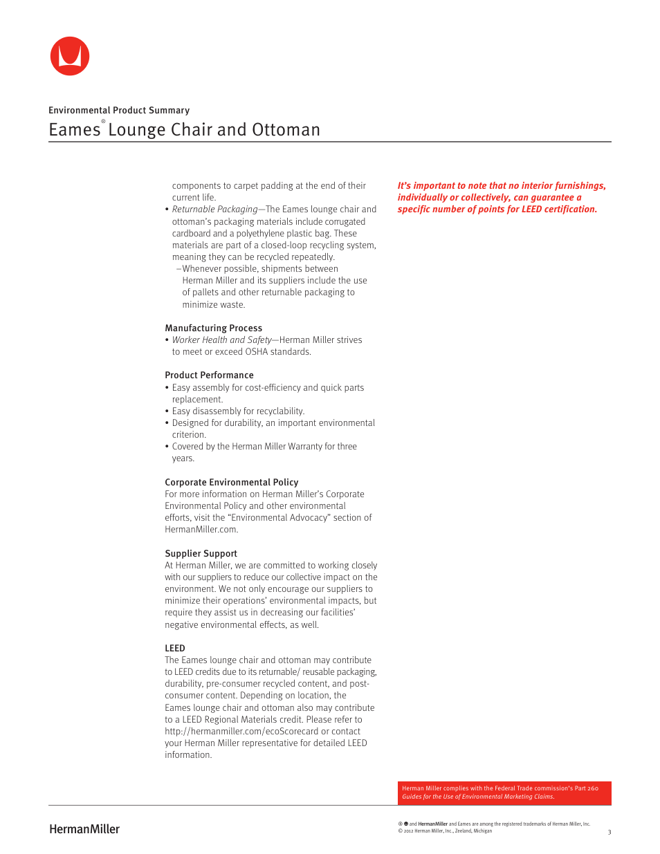 Eames, Lounge chair and ottoman | Herman Miller Eames Lounge Chair and Ottoman - Environmental Product Summary User Manual | Page 3 / 3