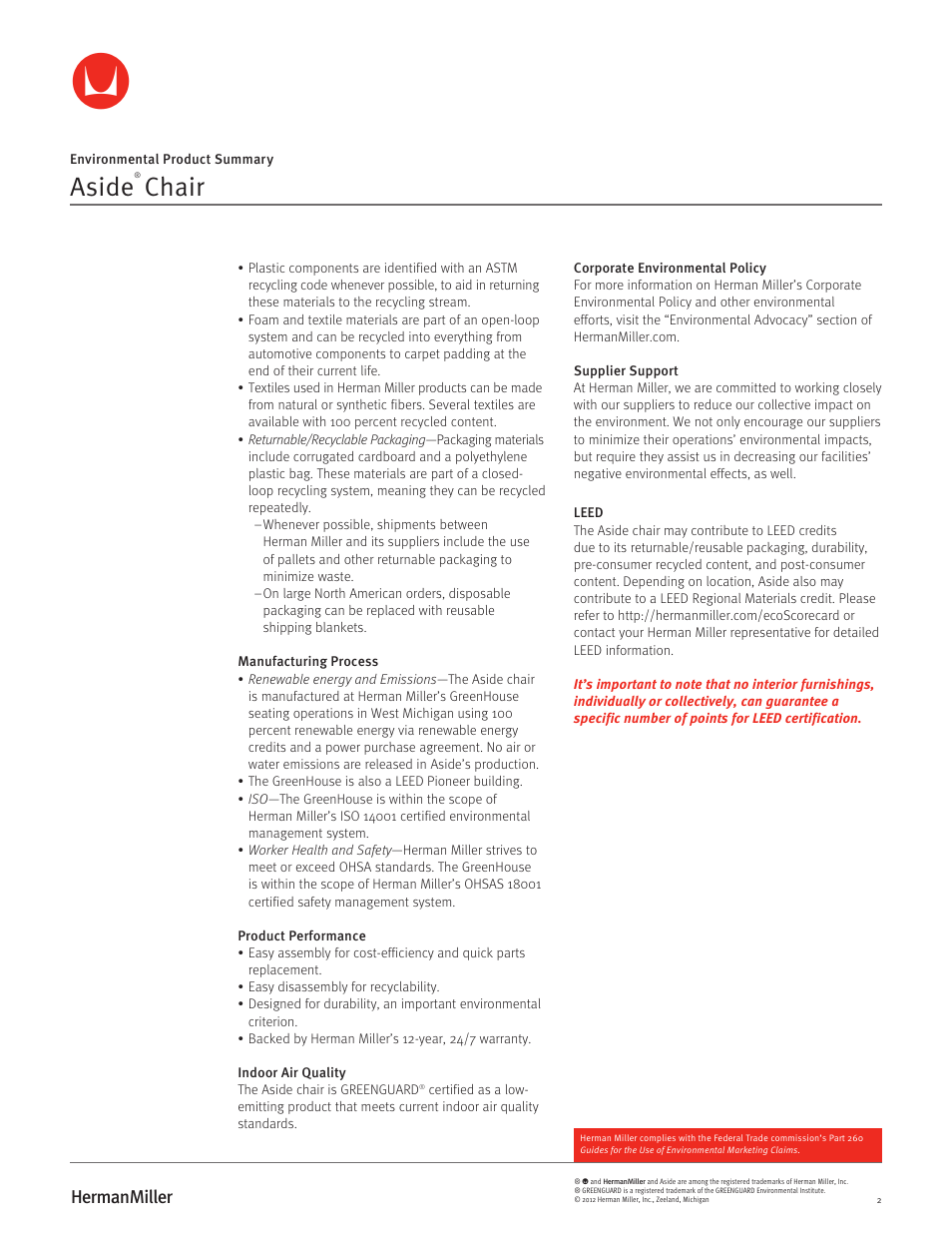 Aside, Chair | Herman Miller Aside Chairs - Environmental Product Summary User Manual | Page 2 / 2