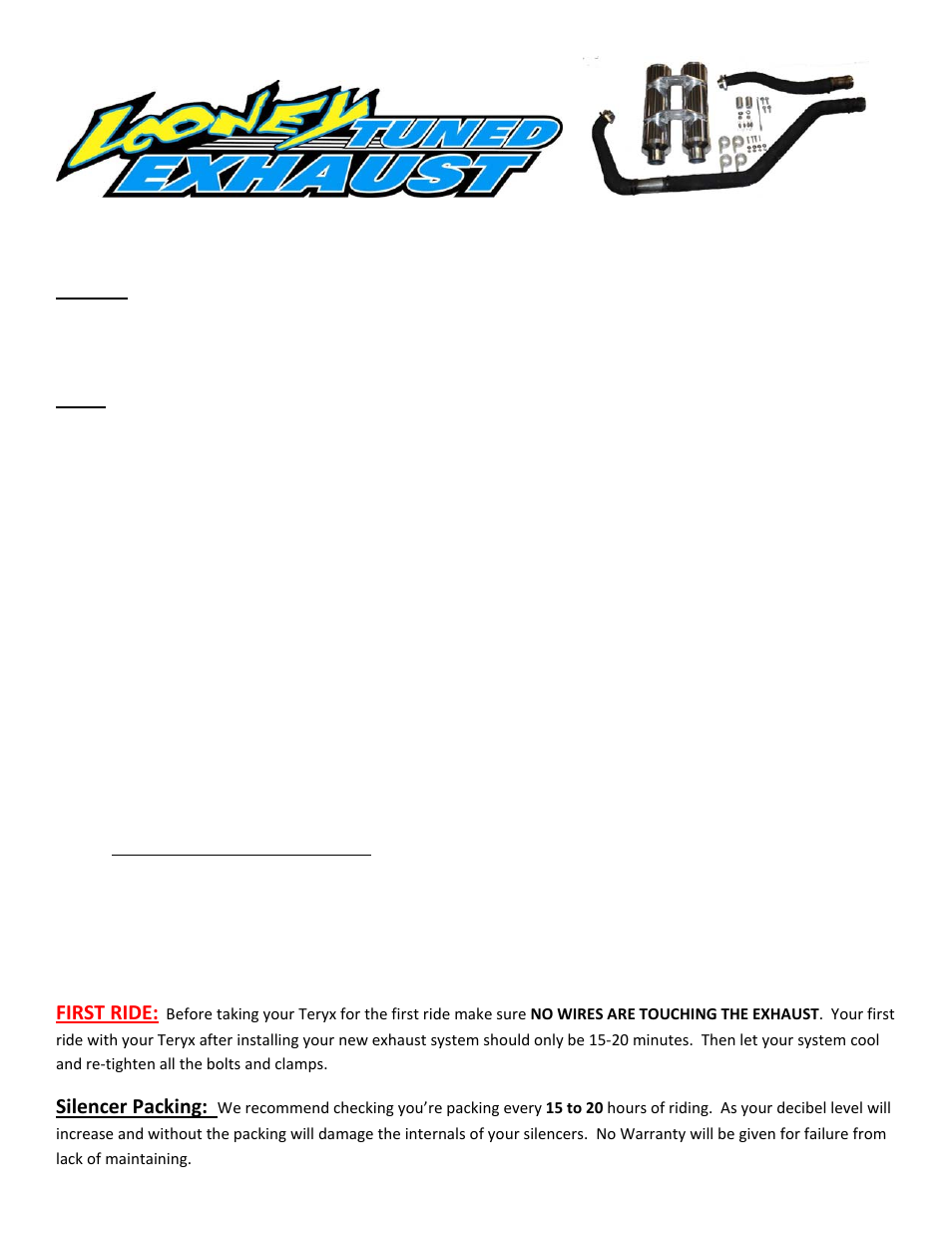 High Lifter Looney Tuned Dual Exhaust for Kawasaki Teryx (08-10) User Manual | 3 pages