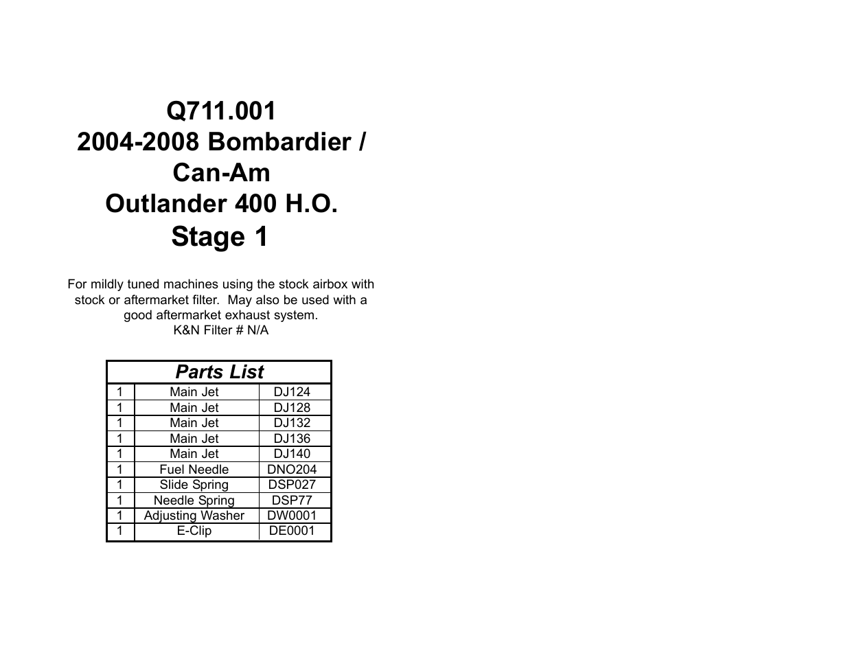 High Lifter DynoJet Jet Kit for Can-Am Outlander 400 HO (04-08) User Manual | 2 pages