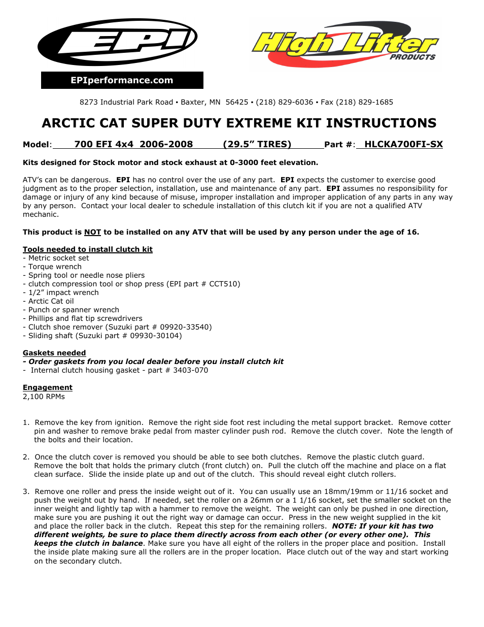 High Lifter Outlaw Super Duty Extreme Clutch Kit for Arctic Cat 700 EFI (06-08) User Manual | 2 pages