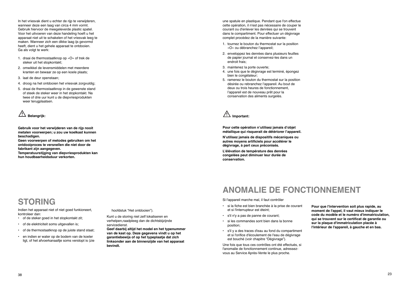 Anomalie de fonctionnement, Storing | Zanussi ZI 9250 DA User Manual | Page 23 / 30