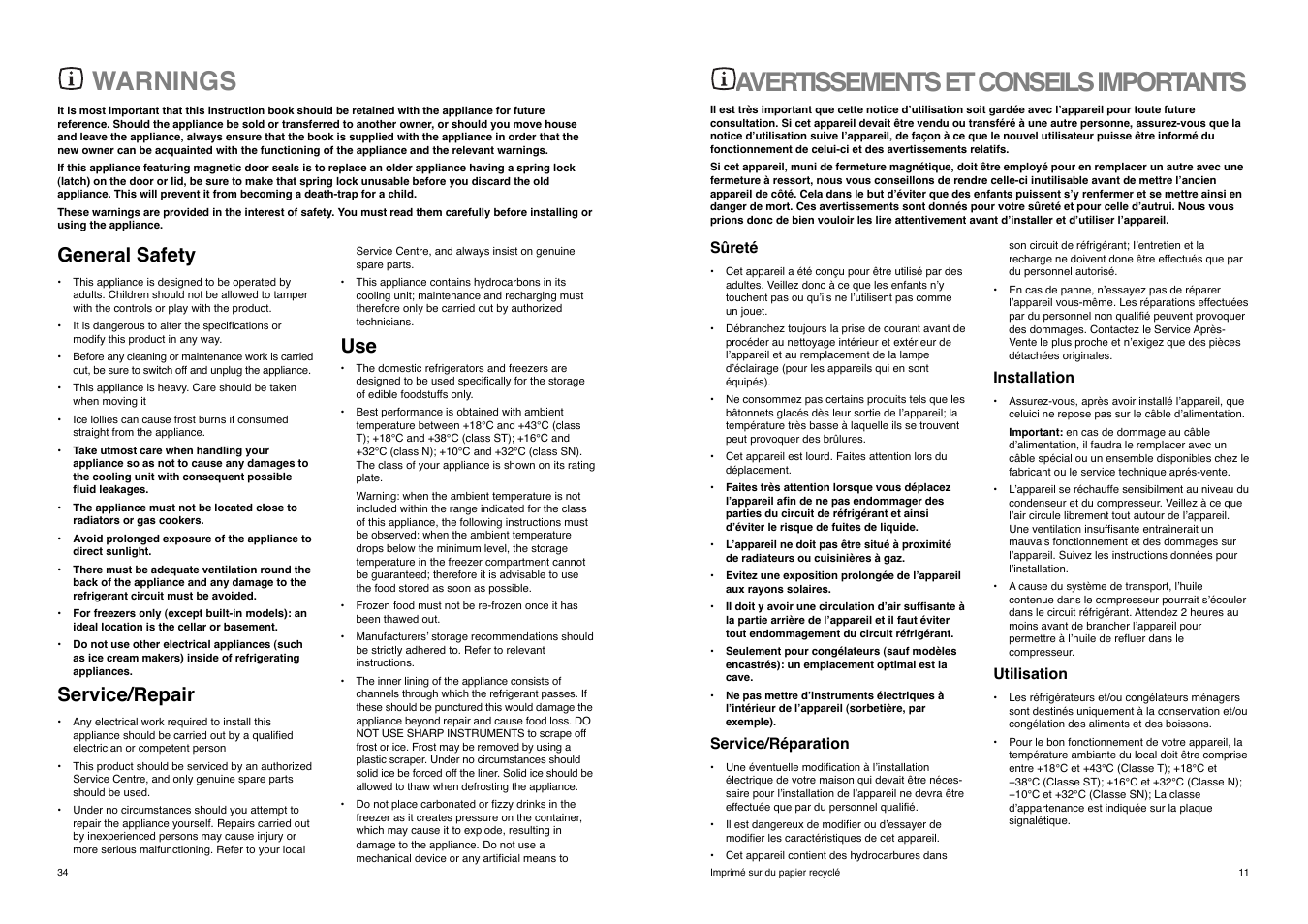 Avertissements et conseils importants, Warnings, General safety | Service/repair | Zanussi ZD 20 / 5 RM User Manual | Page 11 / 22