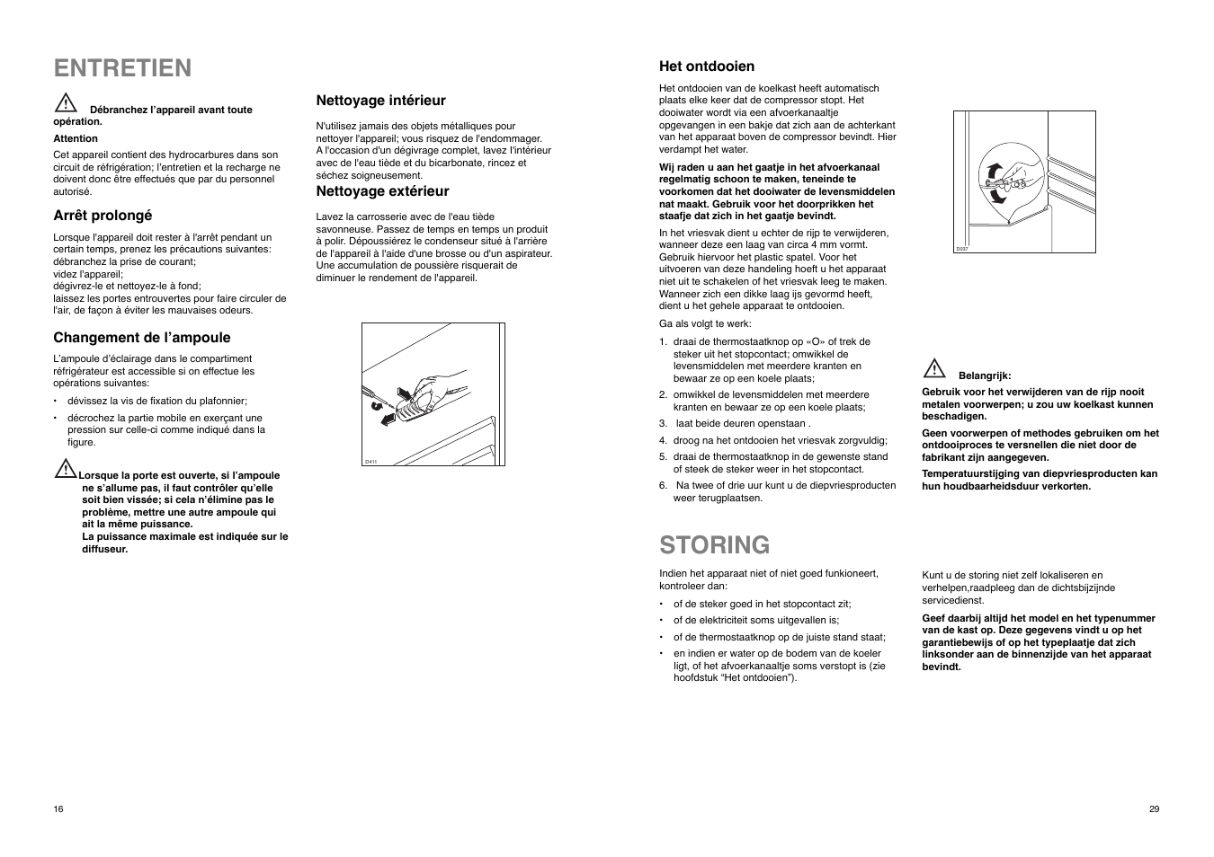 Entretien, Storing | Zanussi ZD 20 / 5 RM User Manual | Page 16 / 22