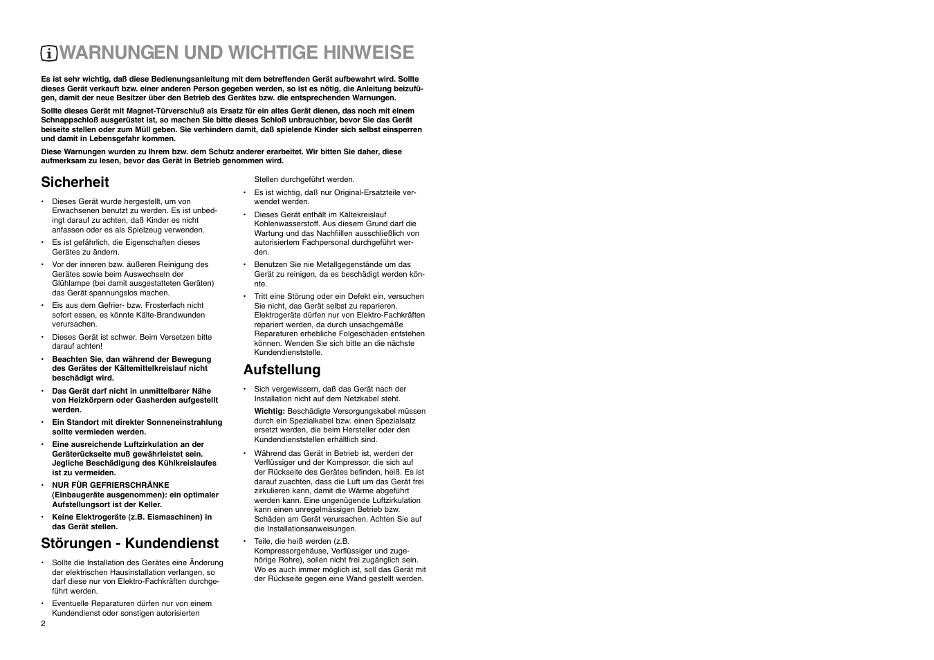 Warnungen und wichtige hinweise, Sicherheit, Stšrungen - kundendienst | Aufstellung | Zanussi ZD 20 / 5 RM User Manual | Page 2 / 22