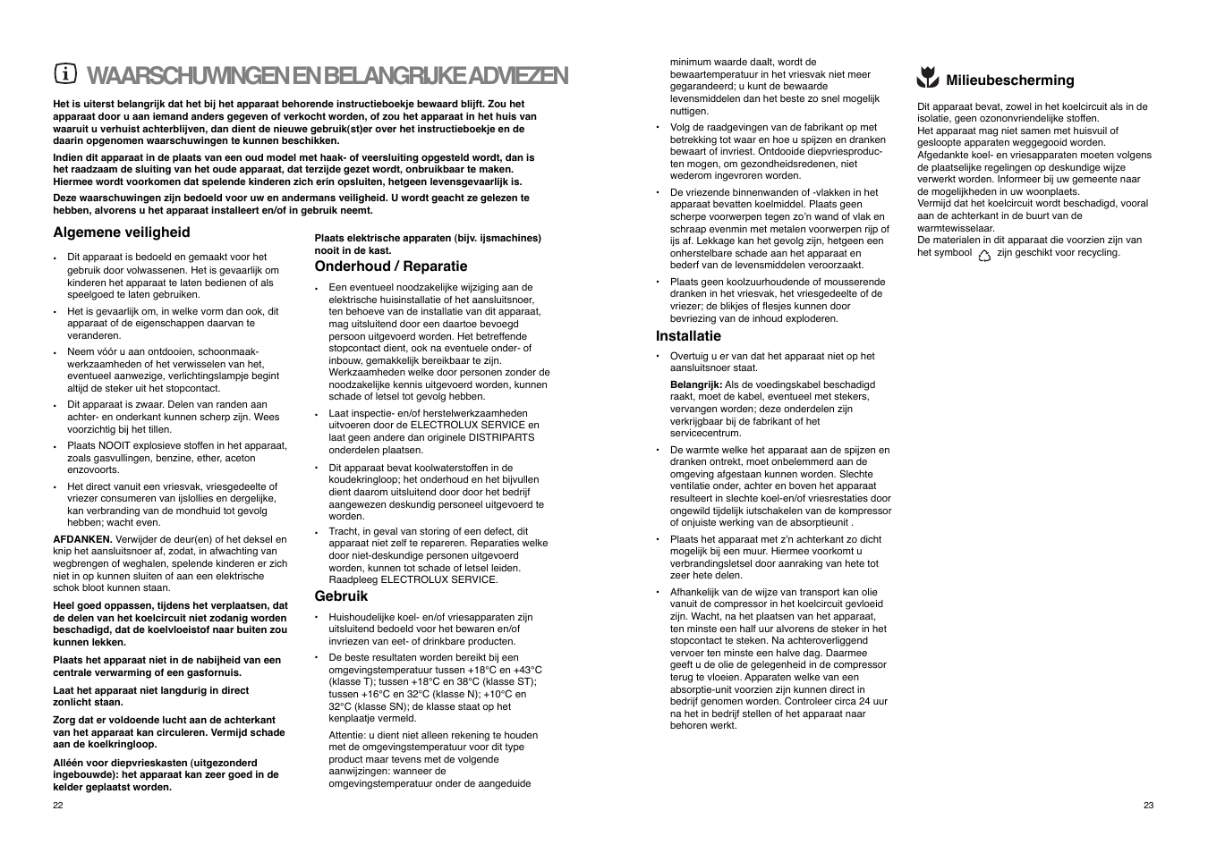 Waarschuwingen en belangrijke adviezen | Zanussi ZD 20 / 5 RM User Manual | Page 22 / 22
