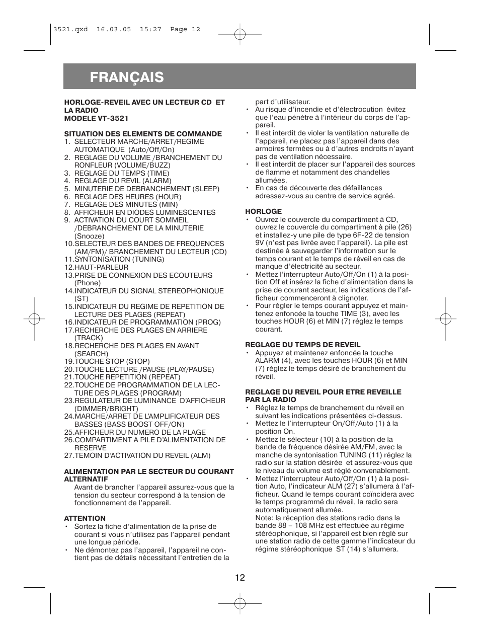 Français | Vitek VT-3521 User Manual | Page 12 / 48