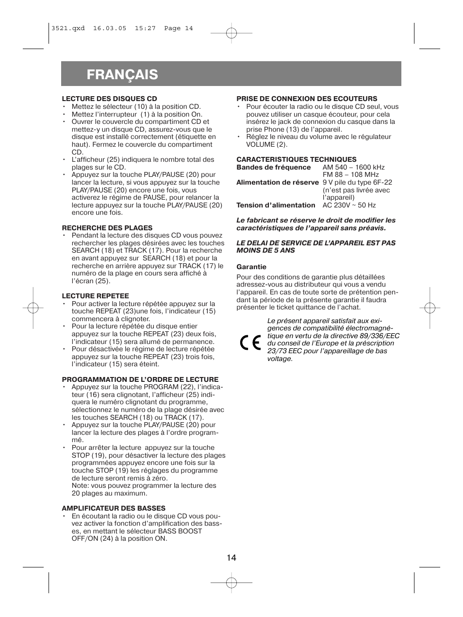 Français | Vitek VT-3521 User Manual | Page 14 / 48