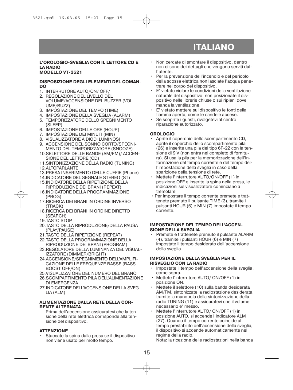 Italiano | Vitek VT-3521 User Manual | Page 15 / 48