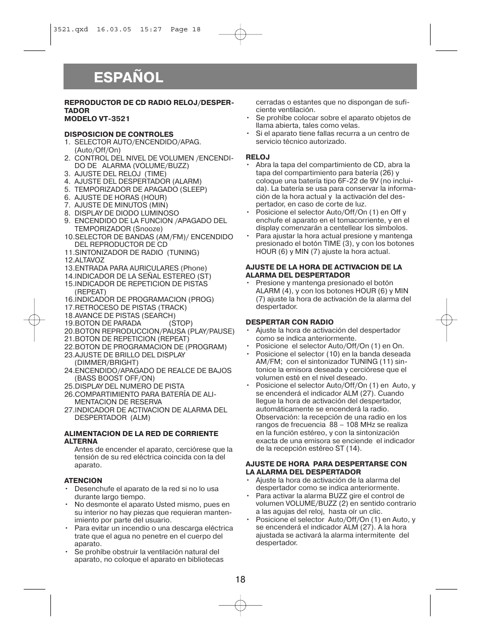 Español | Vitek VT-3521 User Manual | Page 18 / 48