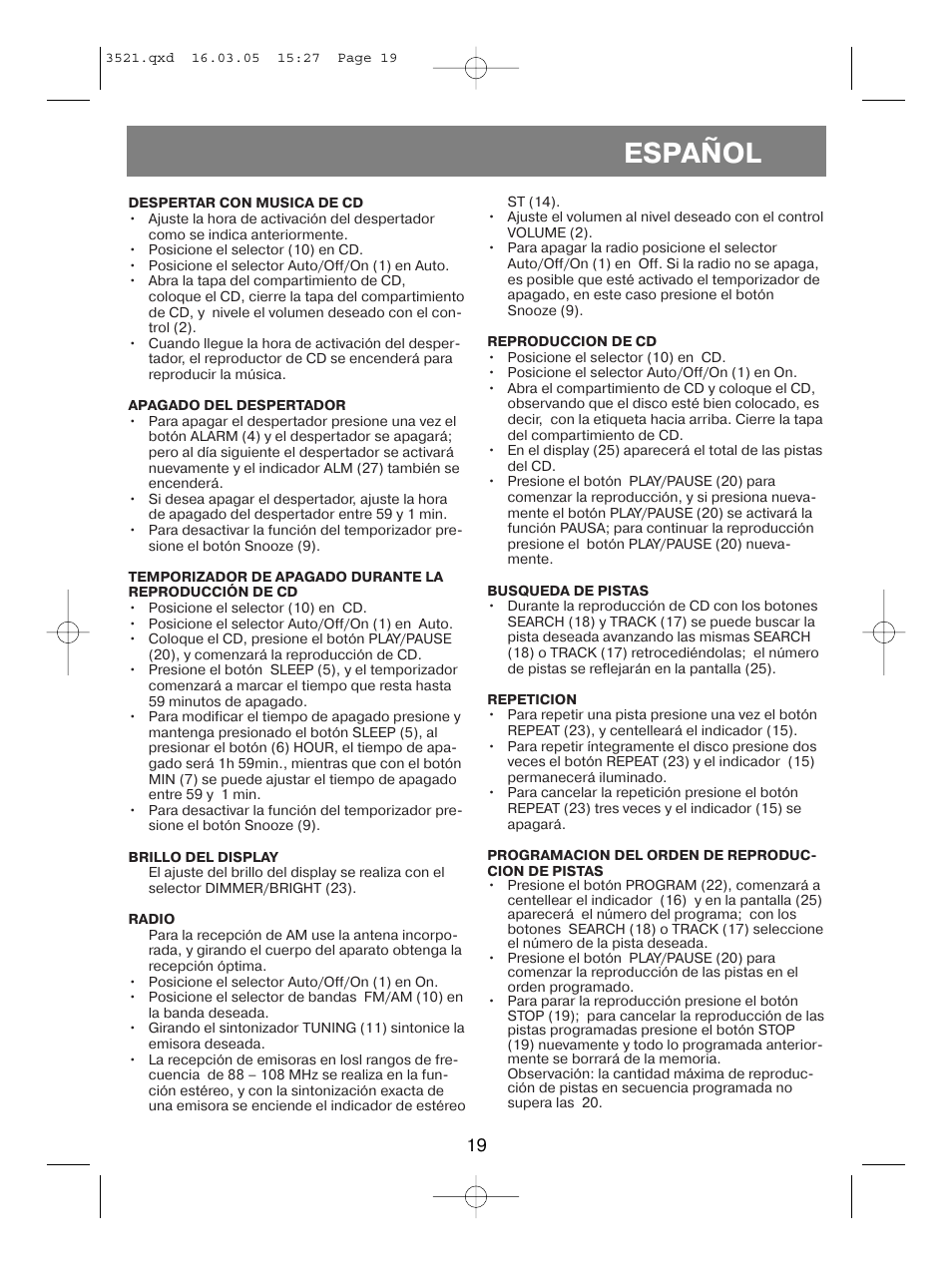 Español | Vitek VT-3521 User Manual | Page 19 / 48