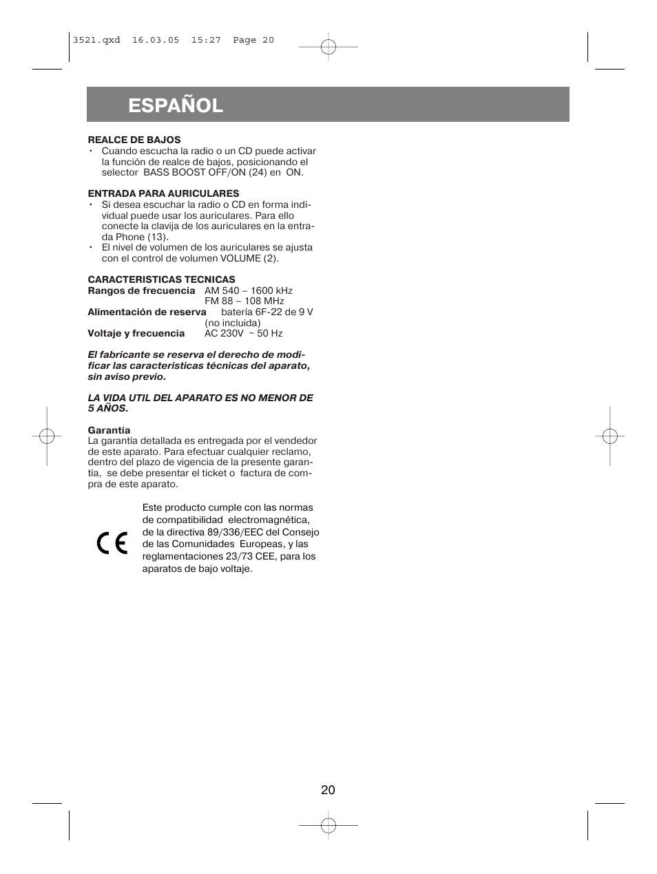 Español | Vitek VT-3521 User Manual | Page 20 / 48