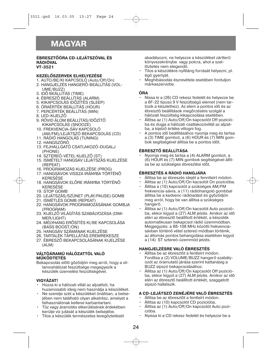 Magyar | Vitek VT-3521 User Manual | Page 24 / 48