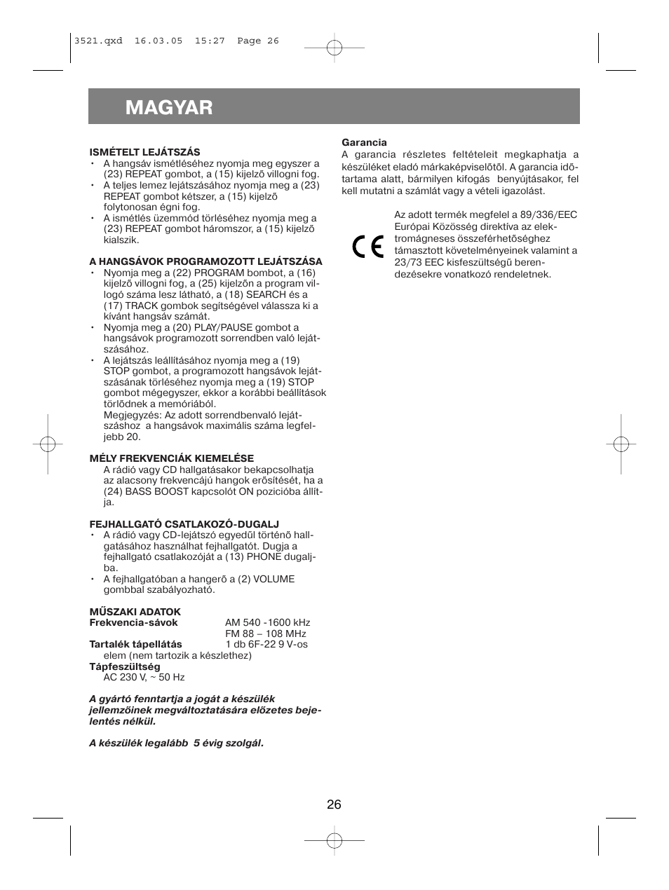 Magyar | Vitek VT-3521 User Manual | Page 26 / 48