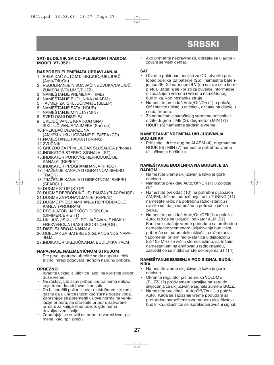 Srbski | Vitek VT-3521 User Manual | Page 27 / 48