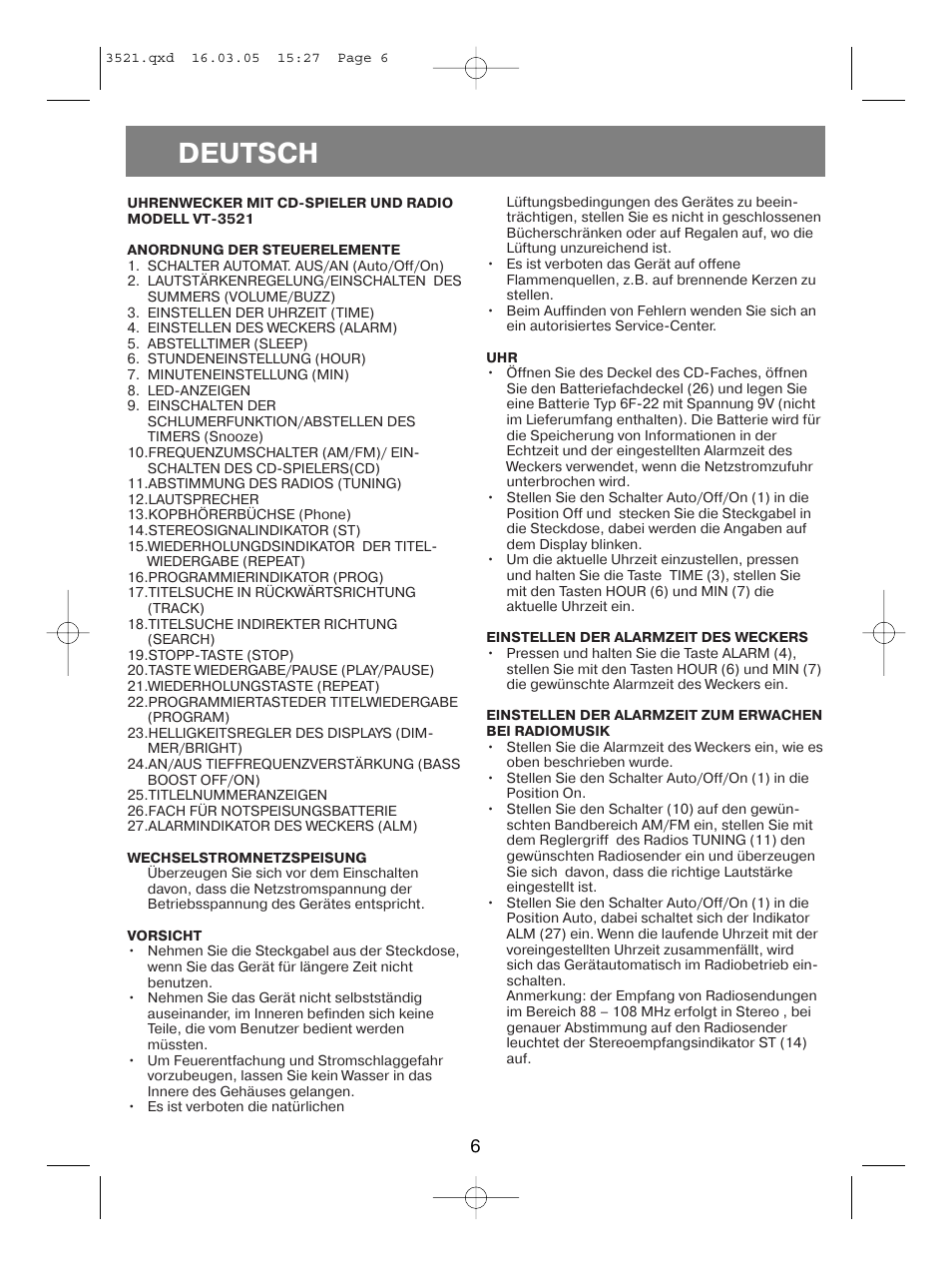 Deutsch | Vitek VT-3521 User Manual | Page 6 / 48