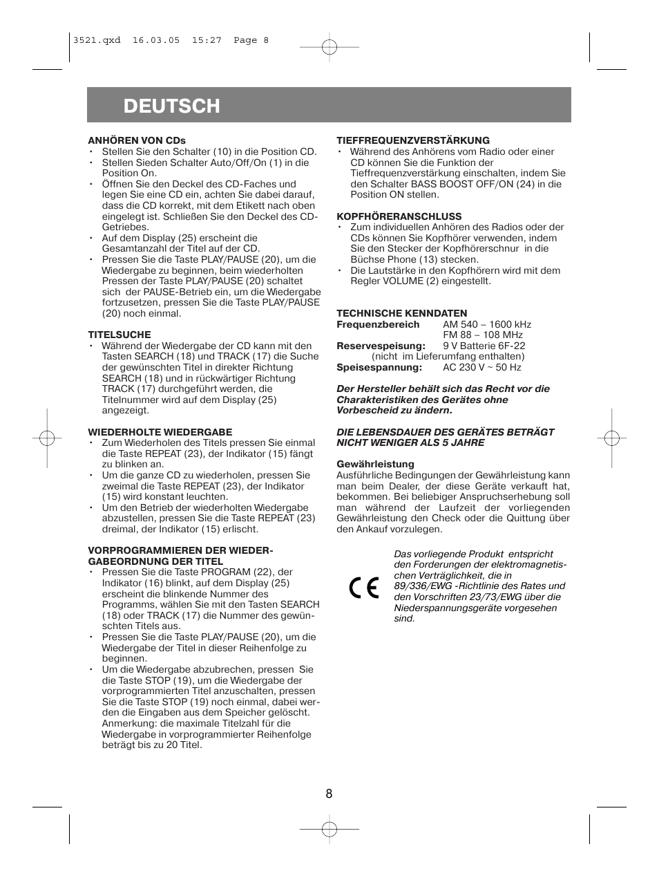 Deutsch | Vitek VT-3521 User Manual | Page 8 / 48