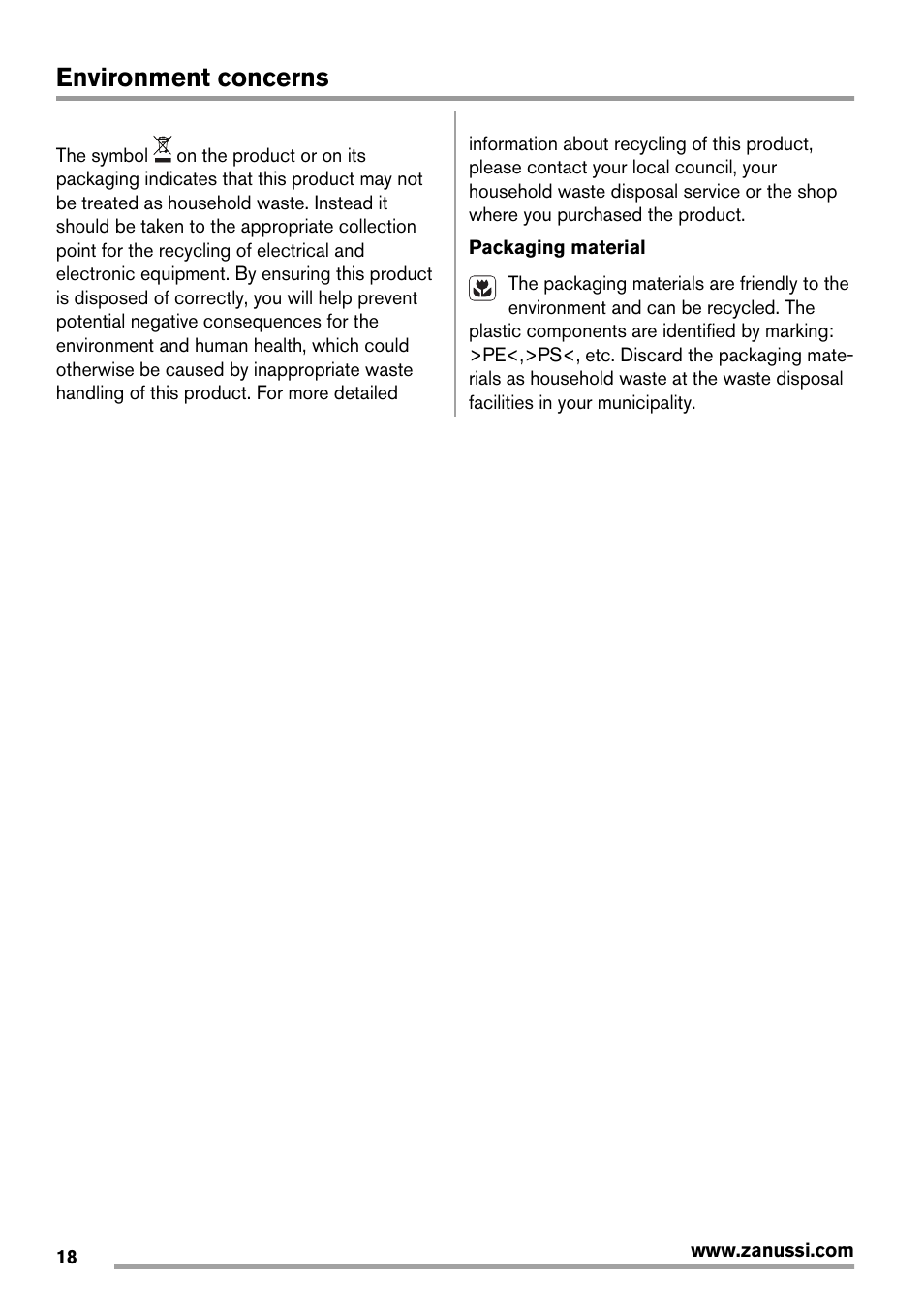 Environment concerns | Zanussi ZEE 6940 FXA User Manual | Page 18 / 40