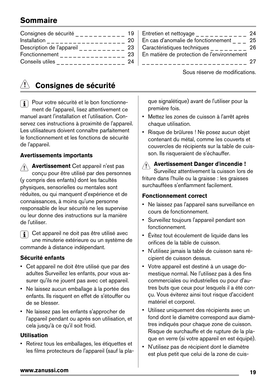 Sommaire, Consignes de sécurité | Zanussi ZEE 6940 FXA User Manual | Page 19 / 40