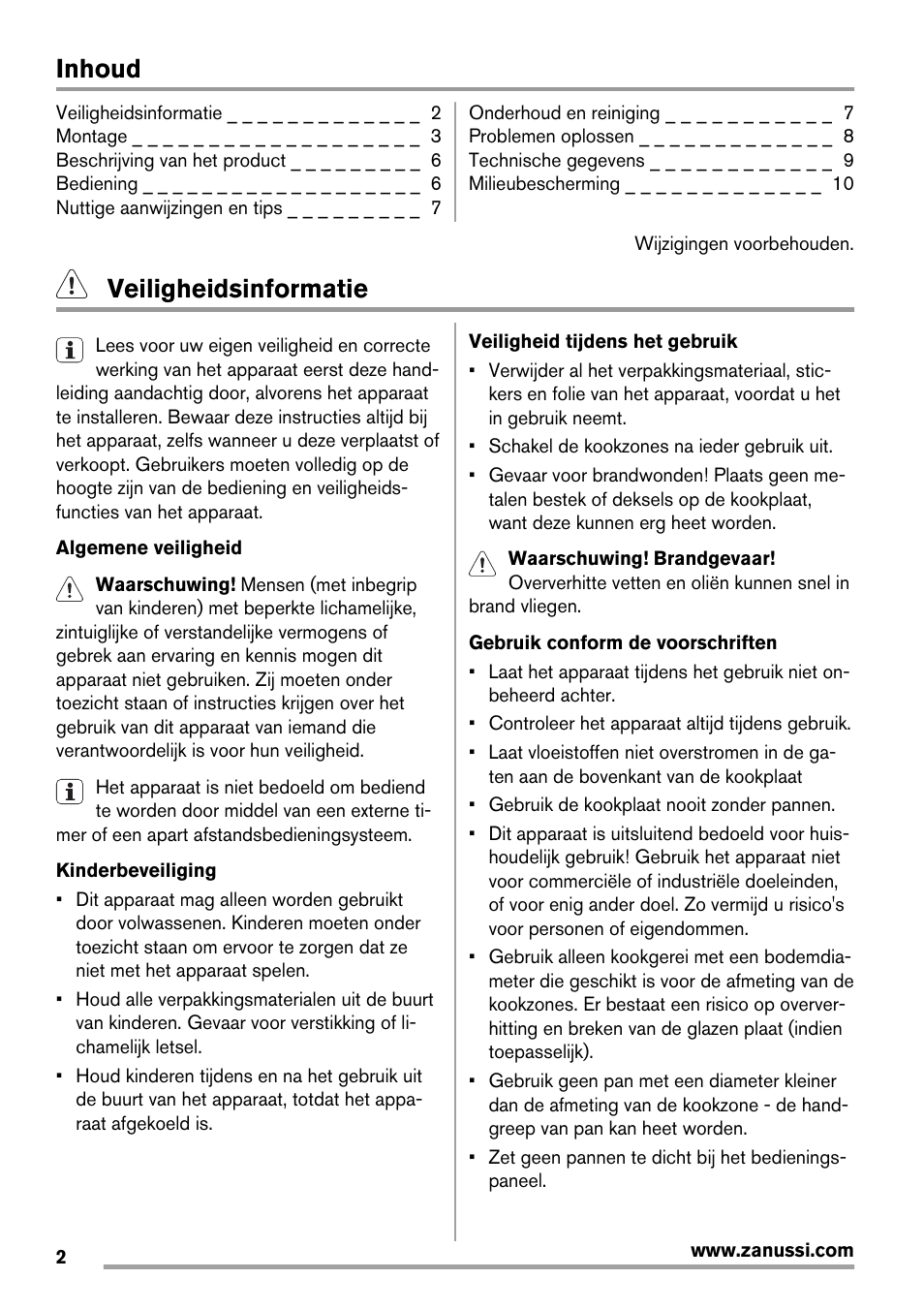 Inhoud, Veiligheidsinformatie | Zanussi ZEE 6940 FXA User Manual | Page 2 / 40