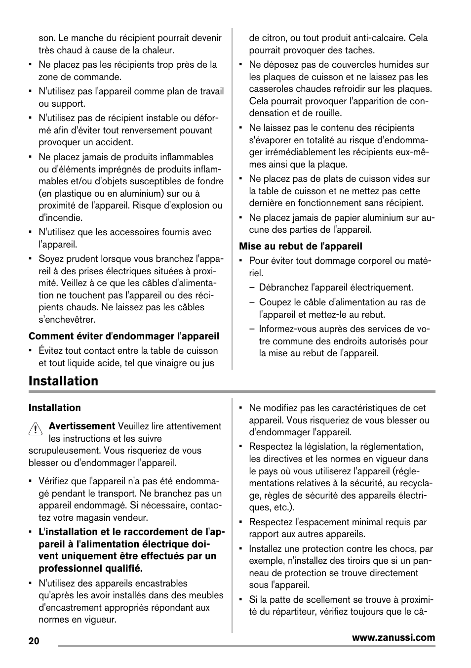 Installation | Zanussi ZEE 6940 FXA User Manual | Page 20 / 40