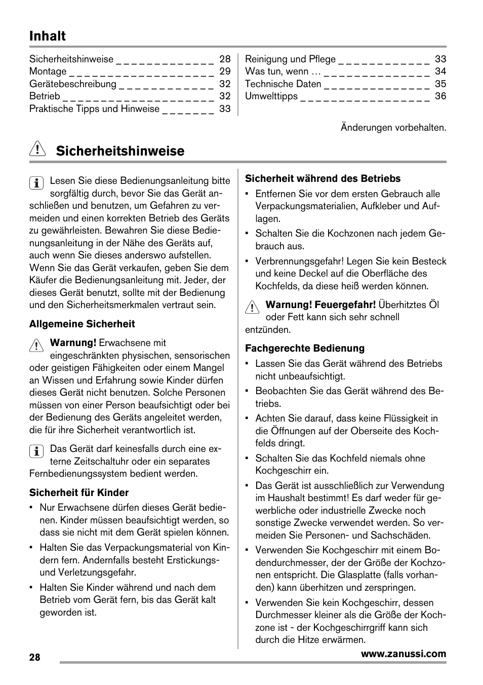 Inhalt, Sicherheitshinweise | Zanussi ZEE 6940 FXA User Manual | Page 28 / 40