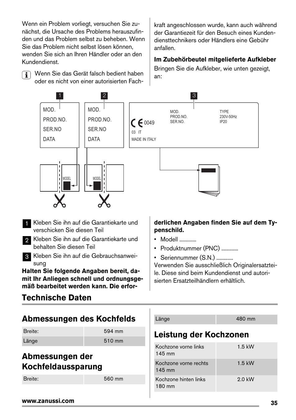 Technische daten abmessungen des kochfelds, Abmessungen der kochfeldaussparung, Leistung der kochzonen | Zanussi ZEE 6940 FXA User Manual | Page 35 / 40