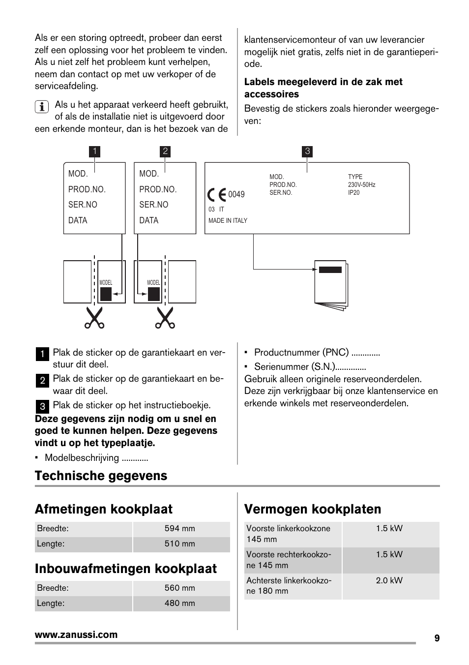 Technische gegevens afmetingen kookplaat, Inbouwafmetingen kookplaat, Vermogen kookplaten | Zanussi ZEE 6940 FXA User Manual | Page 9 / 40