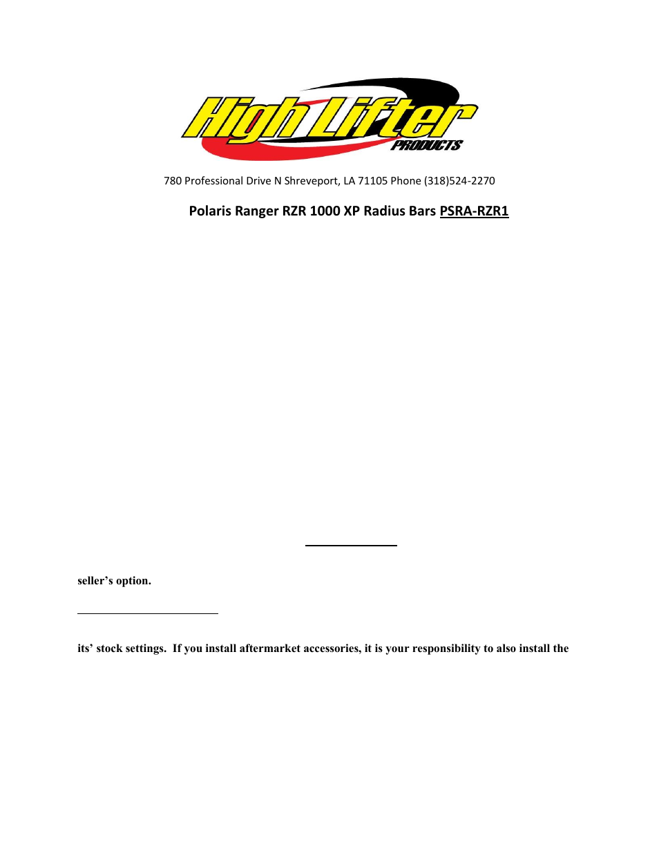 High Lifter Max Clearance Lower Arched Radius Bar for Polaris RZR 1000 XP User Manual | 6 pages