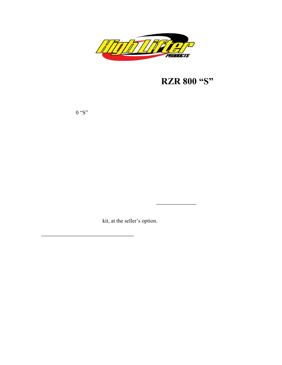 High Lifter Max Clearance Front Forward Upper & Lower Control Arms for Polaris RZR 800 "S_"4"" User Manual | 7 pages