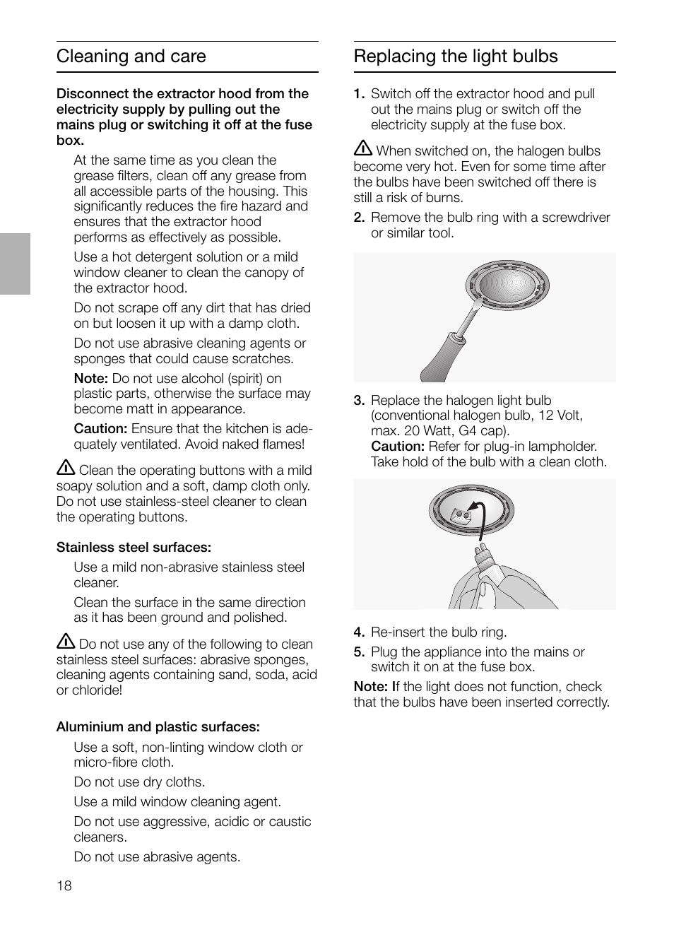 Cleaning and care, Replacing the light bulbs | Siemens LC 46392 User Manual | Page 18 / 80