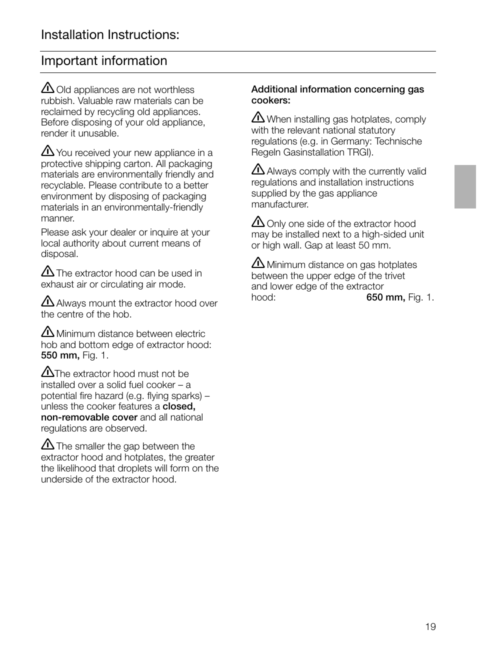 Important information installation instructions | Siemens LC 46392 User Manual | Page 19 / 80
